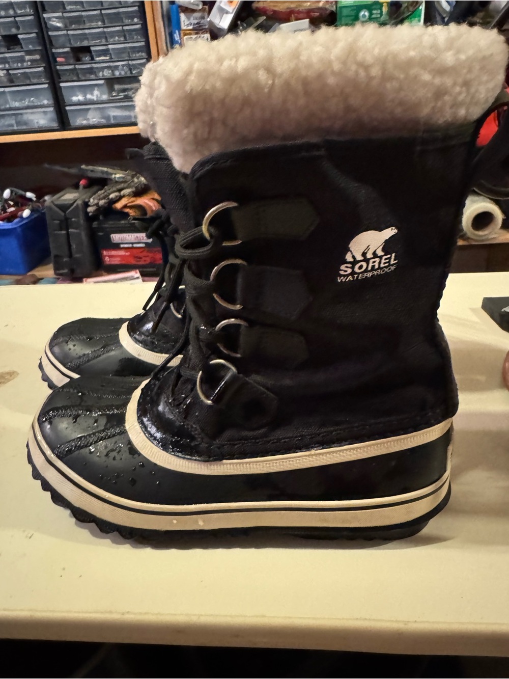 Sorel Black and Cream Waterproof Snow Boots with Shearling Cuff